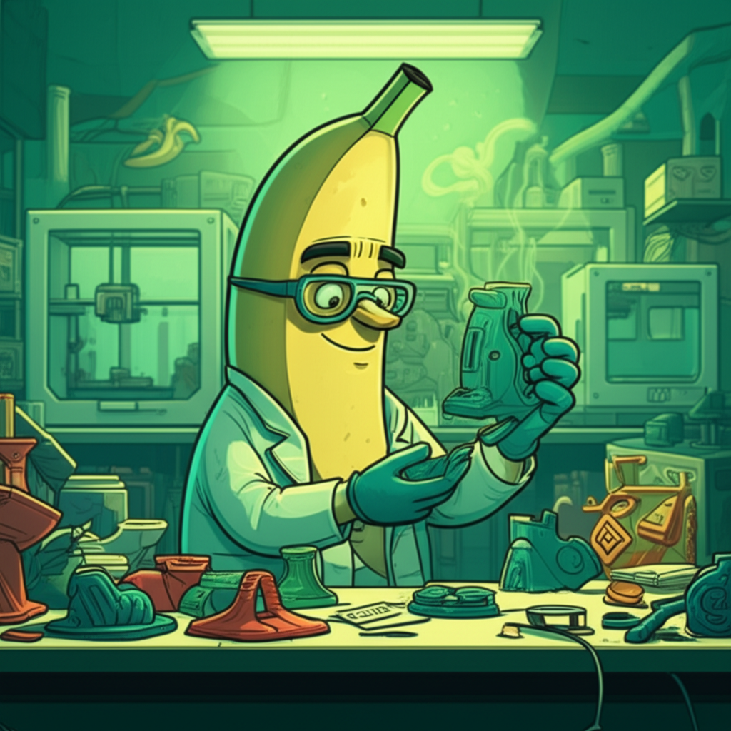 Nano-banana mascot with 3D printed prototypes