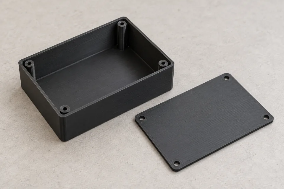 Чёрный корпус из PETG с четырьмя внутренними стойками под винты и отдельной плоской крышкой, видимые слои печати.