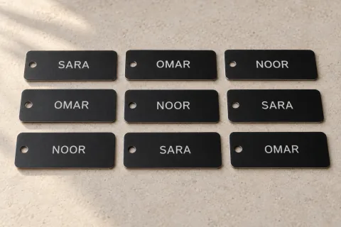 Девять плоских чёрных металлических бирок с именами Sara, Omar и Noor, нанесёнными лазером.