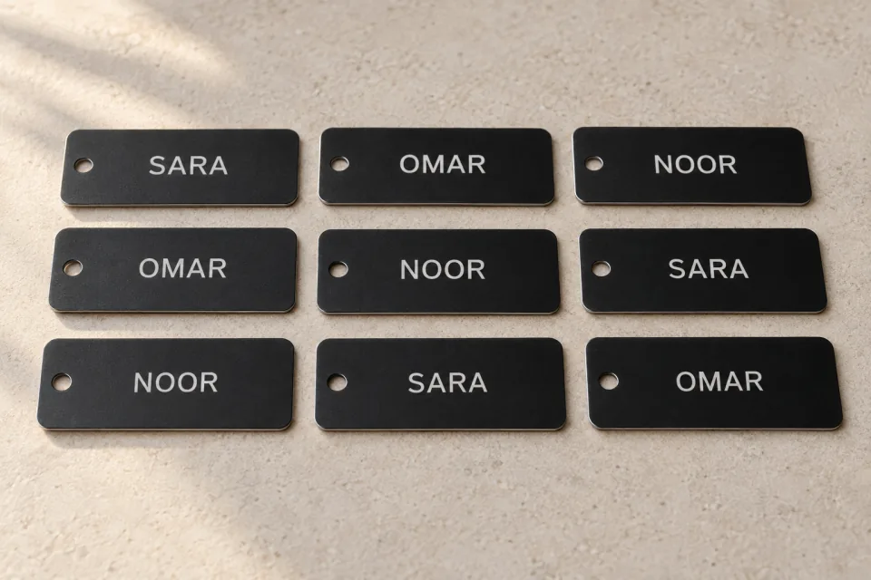 Nine flat black metal tags with laser-engraved names Sara, Omar and Noor.
